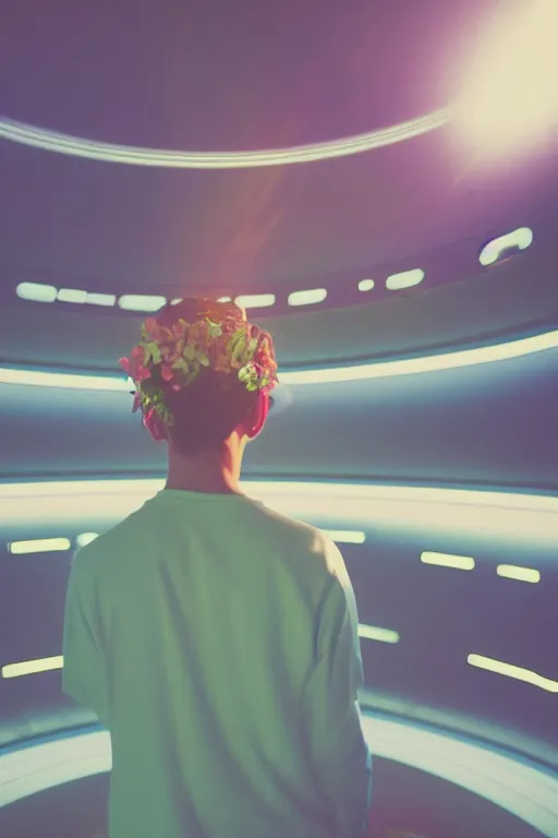 Image similar to agfa vista 4 0 0 photograph of a skinny guy on a spaceship, futuristic, synth vibe, vaporwave colors, lens flare, flower crown, back view, moody lighting, moody vibe, telephoto, 9 0 s vibe, blurry background, grain, vintage, tranquil, calm, faded!,