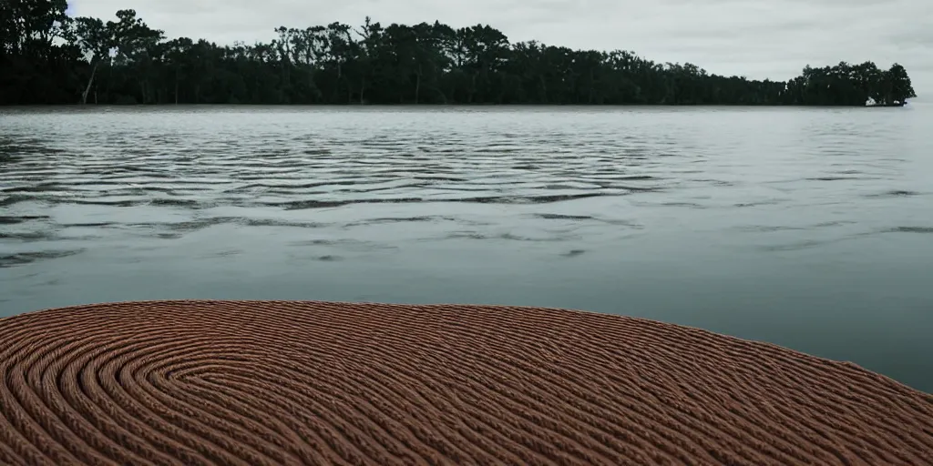 Prompt: centered photograph of a single line of thick long brown rope floating on the surface stretching out to the center of the lake, a dark lake sandy shore on a cloudy day, color film, shore trees in the background, hyper - detailed photo, anamorphic lens
