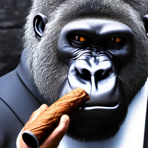 Image similar to a gorilla dressed as a mobster smoking a cigar, cinematic lighting, 4k, realistic