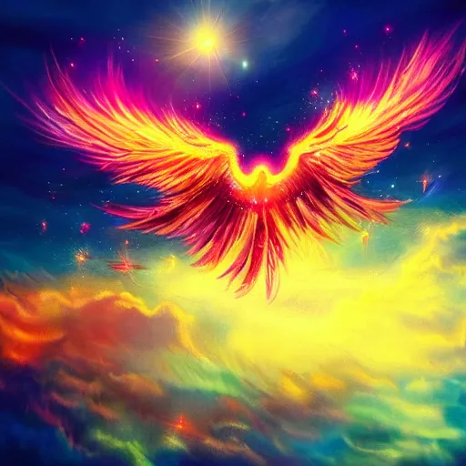 Prompt: beautiful phoenix rising from cloud of luminescent sparkling particles colorful detailed magical realism