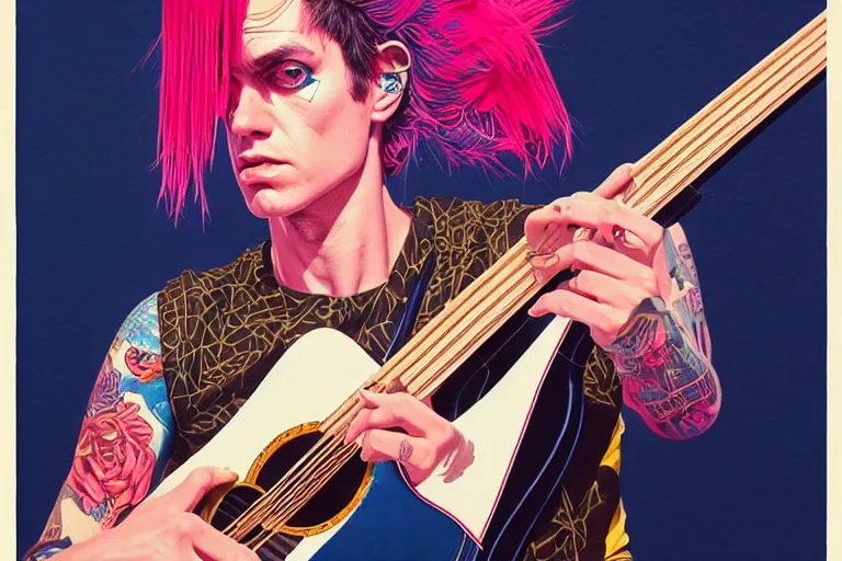 Prompt: 1 9 8 0 s punk rocker playing acoustic guitar, tristan eaton, victo ngai, artgerm, rhads, ross draws, intricated details, 3 / 4 view, full body portrait