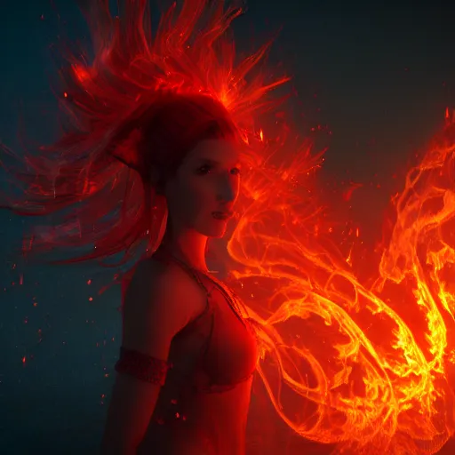Prompt: portrait of a fire sprite, flames, dark, red glowing background lighting, hyper detailed, fairy tale, 4 k octane render