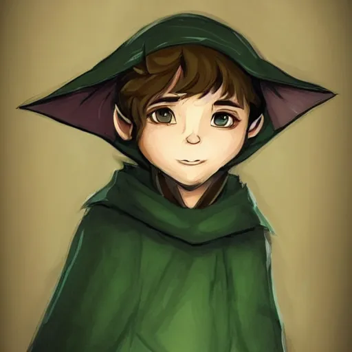 Image similar to a concept art of a cute hobbit boy wearing a dark green cloak with a hood that has fox ears on it holding a fox, trending on artstation, digital art, dungeons and dragons, realistic, Anime