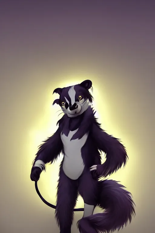 Prompt: a skunk fursona, trending on artstation, by kawacy, furry art, digital art, cyberpunk, high quality, backlighting