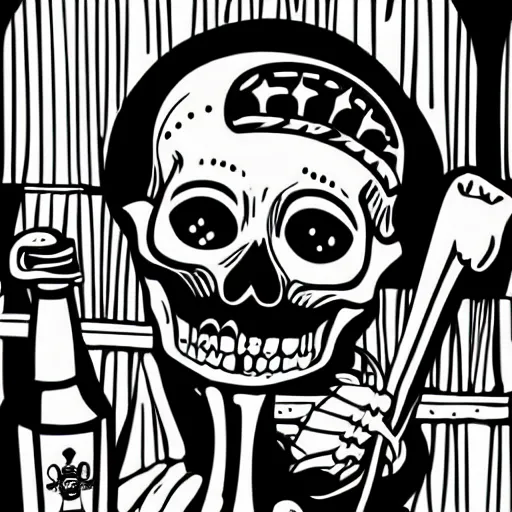 Image similar to a skeleton drinking beer in a medieval tavern, black and white vector art