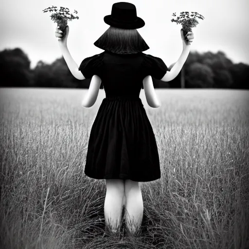 Image similar to a girl standing in a field, alone, wearing black dress and hat, doll in hand, detailed hands, by andrea kowch, dark, scene, magic realism, flowers, perspective