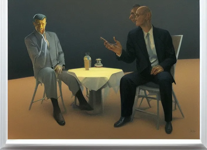 Image similar to portrait painting of two business men making a deal, science fiction, Edward Hopper and James Gilleard, Zdzislaw Beksinski, highly detailed