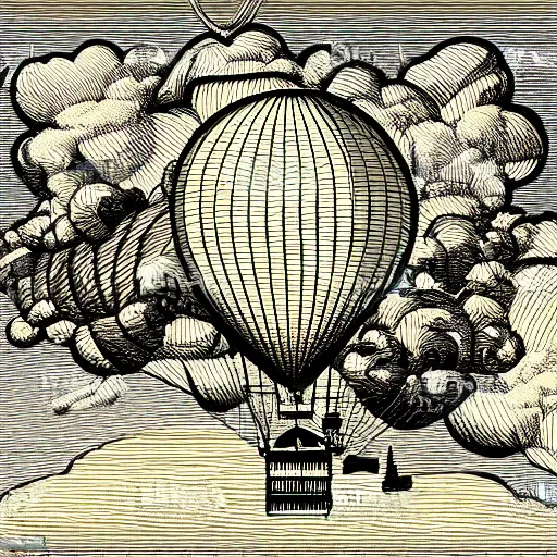 Prompt: steampunk air balloon over fantasy landscape, vector art, line art, engraving illustration