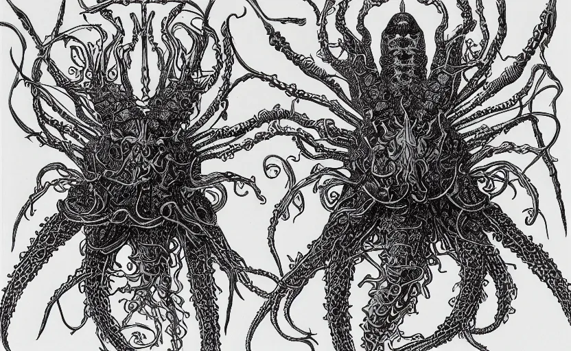 Image similar to monster character design, fantasy. intricate jellyfish crab eagle lizard biomechanical. by ernst haeckel