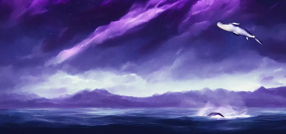 Image similar to an epic wide angle shot of a lonely whale flying above the sea, cosmic starry sky, concept art, purple theme atmospheric lighting by leesha hannigan