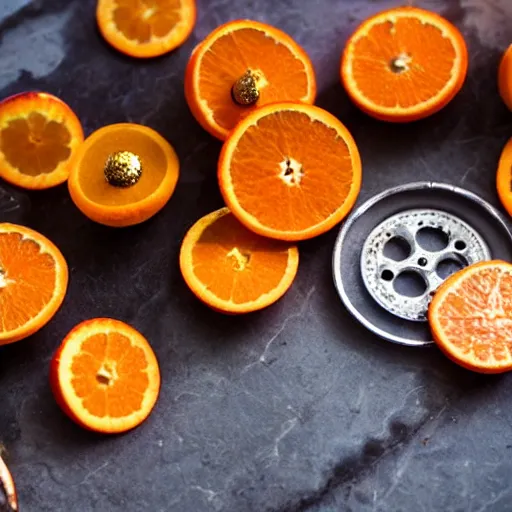 Prompt: closeup of sliced orange!!!! fruit!!!! on ( ( marble countertop ) ) exposing mechanical clockwork interior, gears, springs, metalwork, brass, gold, intricate, highly detailed image
