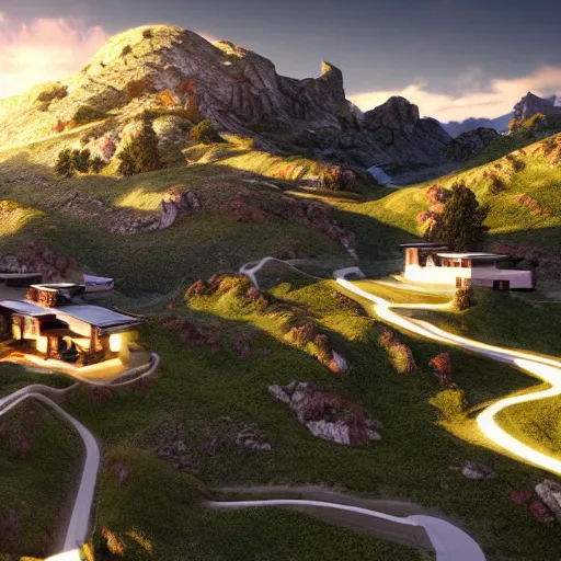 Image similar to alpine landscape with windy road and modern houses designed by frank lloyd wright scattered on the mountainsides, photo realism, dramatic lighting, from a dream, high quality digital art, unreal engine