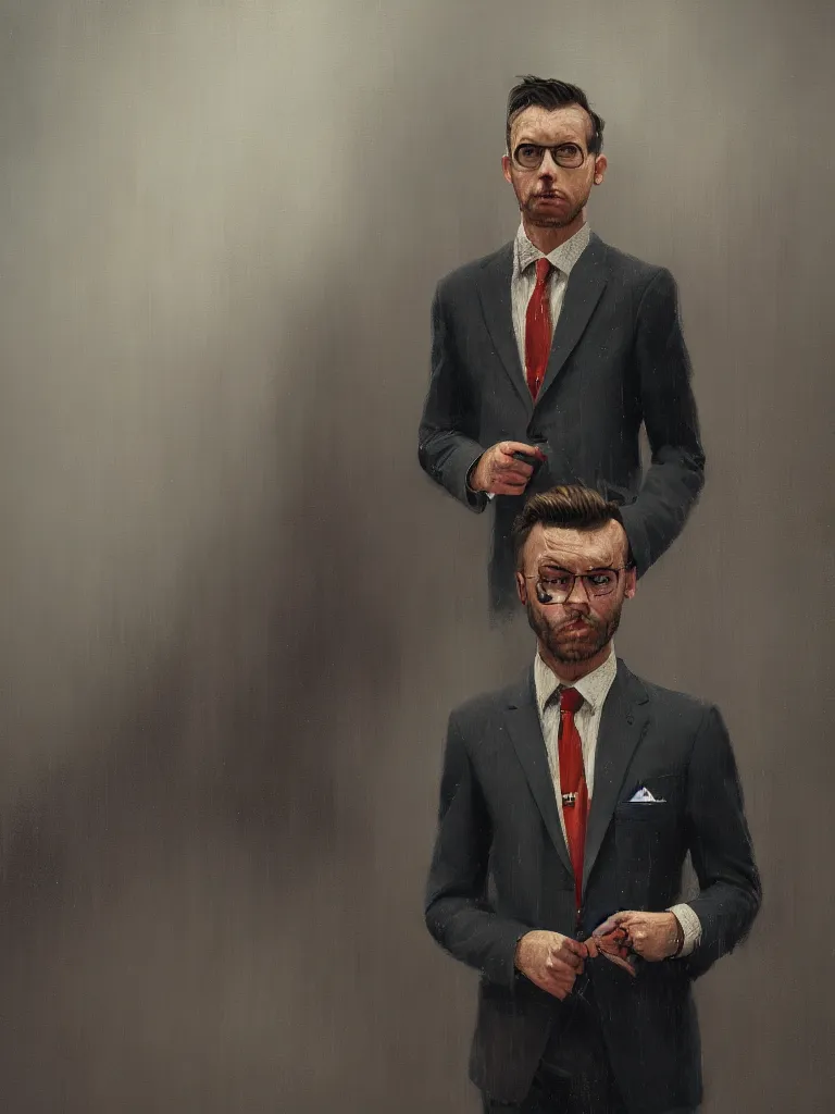 Image similar to a portrait of men in suits with tie in a painting from stalenhag, 4 k, 8 k, hdr, artstation, concept art