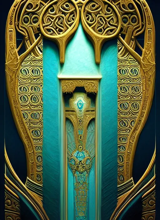 Prompt: ornate sacred sarcophagus, art nouveau hieroglyphics, cyan and gold palette, symmetry, fantasy, intricate, elegant, highly detailed, colorful, dark colors, dramatic shadow, digital painting, artstation, concept art, art by artgerm and greg rutkowski and ruan jia,