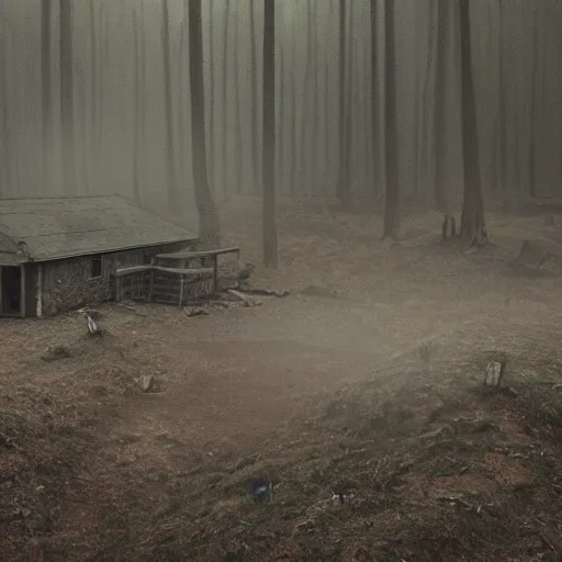 Image similar to film still of a military compound with 2 barracks during ww 2 in the forest, trenches dug around the perimeter, filmgrain, zeiss lens, redshift, octane, foggy diffused lighting