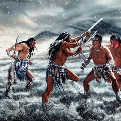 Prompt: majestic native americans fighting cyborg white men in a snowy field, art by neave bozorgi, styled like neave bozorgi, hyper realistic,
