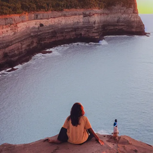 Image similar to a woman sitting on the edge of a cliff watching the sunset