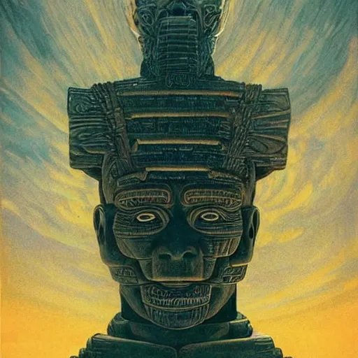 Image similar to giant mayan joe biden!!!!!!!!!!!!!!!!!!!!!!!! with flaming eyes standing over city, perfectly clear face, by j. c. leyendecker and beksinski