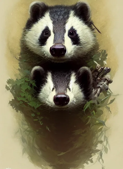 Image similar to highly detailed portrait of a cute badger, unreal engine, fantasy art by greg rutkowski, loish, rhads, ferdinand knab, makoto shinkai and lois van baarle, ilya kuvshinov, rossdraws, tom bagshaw, alphonse mucha, global illumination, radiant light, detailed and intricate environment