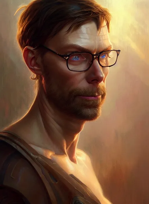 Image similar to portrait of stephen merchant, d & d, muscular! fantasy, intricate, elegant, highly detailed, digital painting, artstation, concept art, smooth, sharp focus, illustration, art by artgerm and greg rutkowski and alphonse mucha