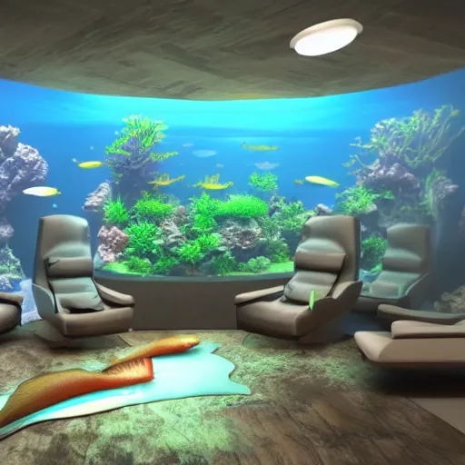 Image similar to realistic 3 d designed big modern room as aquarium with a beautiful fishes and corals, realistic colors, realistic shadows, daylight made by blender and cinema 4 d, hd, 3 d