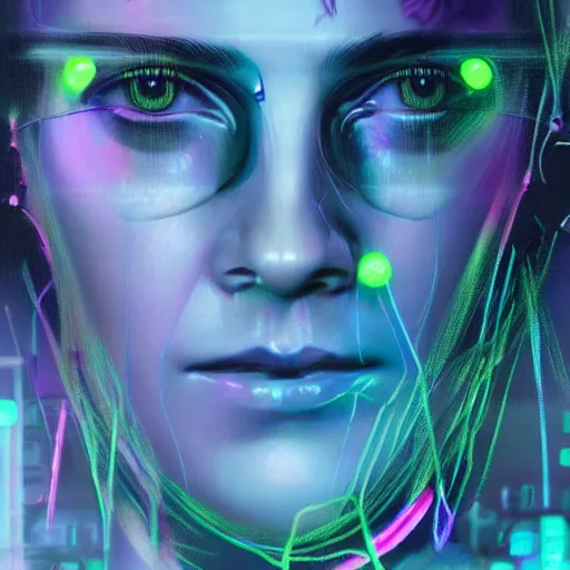 Image similar to female cyberpunk Emma Watson portrait by cy Twombly and BASTIEN LECOUFFE DEHARME, highly detailed circuit boards, led display, iridescent fractal, integrated wiring, high tech, neon lights