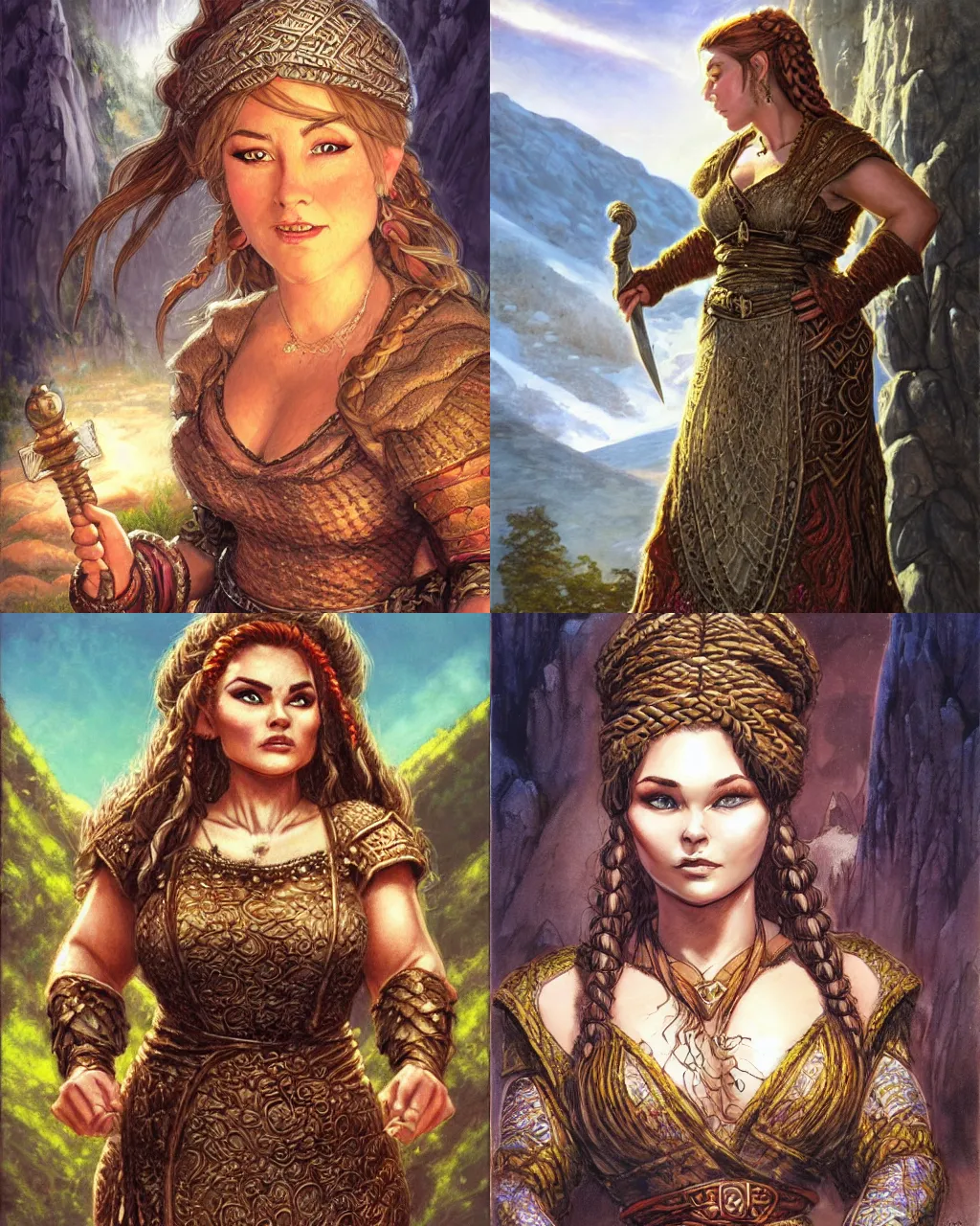 Prompt: beautiful dwarven lady wearing an elegant brocade dress in the mountains, by greg staples, dungeons and dragons, lord of the rings, intricate, realistic, cheerful, complex braided hair, chubby and plump, big nose, sharp focus, sunlight, soft lighting