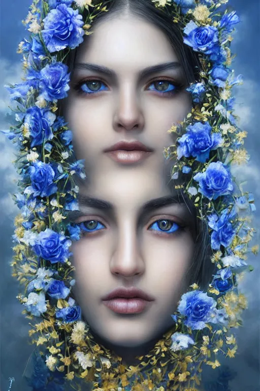 Image similar to a pale Iranian girl with white hair, floral crown, sad blue eyes, cinematic lighting, ultra detailed, highly detailed, sharp focus, golden background with flowers, golden jewellery with blue sapphires, photographic, art by artgerm and greg rutkowski and zdislav beksinski