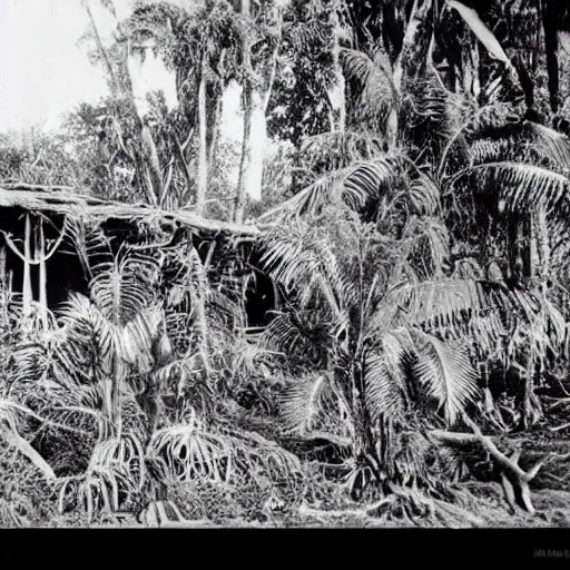 Image similar to lost film footage of a sacred indigenous artifact in the middle of the ( ( ( ( ( ( ( ( ( ( tropical jungle ) ) ) ) ) ) ) ) ) ) / ethnographic object / film still / cinematic / enhanced / 1 9 0 0 s / black and white / grain