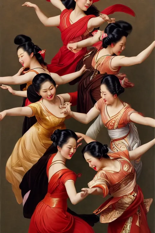 Prompt: top angle shot of group of asian females dancing, masterpiece painted by jc leyendecker, 8 k, high detail, fantasy art, dnd, artstation,