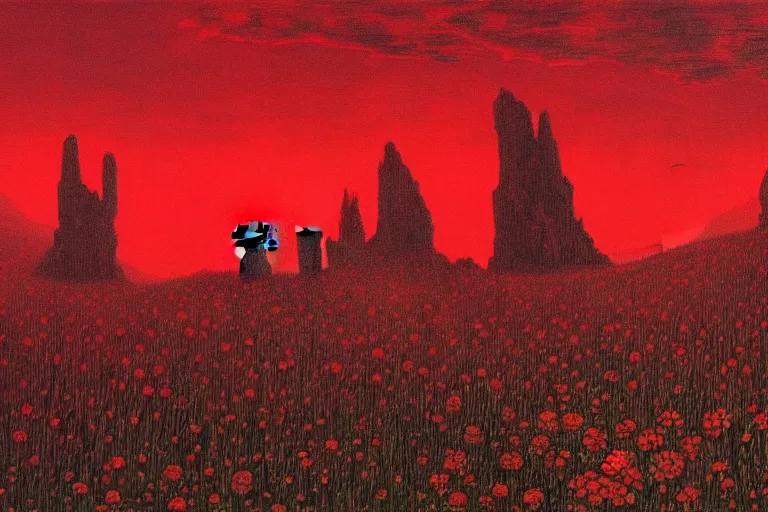 Image similar to only with red, red flowers of different types, red castle in background, red medieval goblins, in the style of beksinski, parts by edward hopper, parts by rodcenko, parts by yue minjun, intricate and epic composition, red by caravaggio, insanely quality, highly detailed, masterpiece, red light, artstation, 4 k