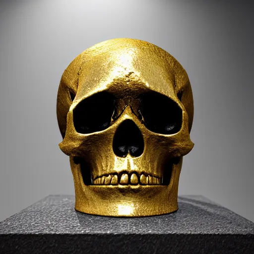 Prompt: medium shot of a skull made of solid gold sits on an abandoned gravestone, beautiful detailed intricate insanely detailed octane render, 8k artistic photography, photorealistic, unreal engine