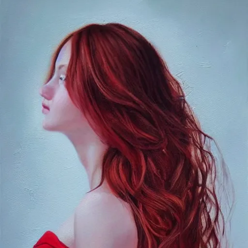 Image similar to beautiful girl, long wavy hair, small nose, freckles, red hair, portrait, photorealistic oil painting, highly detailed, pretty woman, attractive, black dress, tight dress