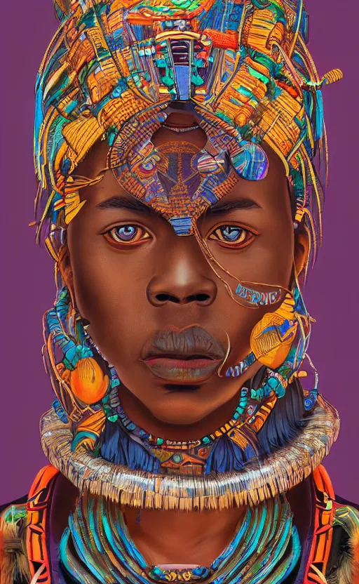 Image similar to upper half portrait of retro futuristic african tribal chief - embellished with vegetation and iridescent crystals, art by katsuhiro otomo, highly detailed, digital painting, concept art, illustration, smooth sharp focus, intricate, symmetry, artstation, colourful,