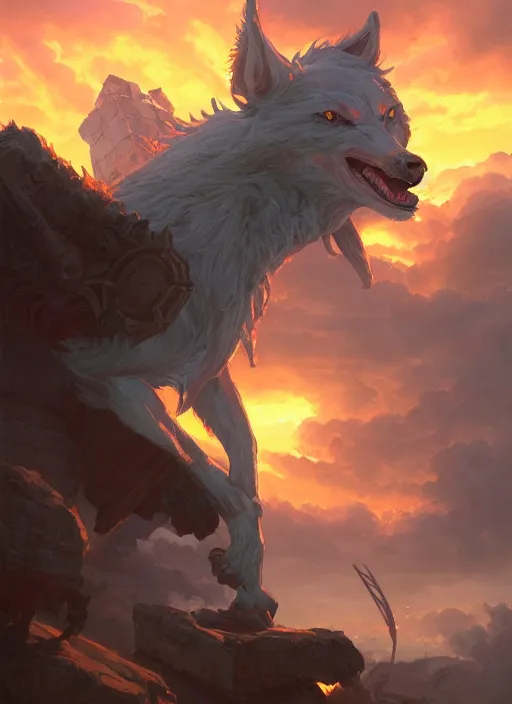 Prompt: a beautiful artwork illustration, rim light Fenrir standing over a medieval village at sunset, destruction, by Greg Rutkowski and Jesper Ejsing and Raymond Swanland, featured on artstation, wide angle, vertical orientation