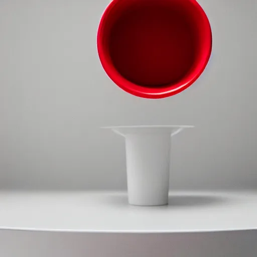 Image similar to an ultra high definition professional studio quality photograph of a red cup on a white plinth in an empty white room. dramatic lighting, shallow d. o. f, colour corrected, three point light.