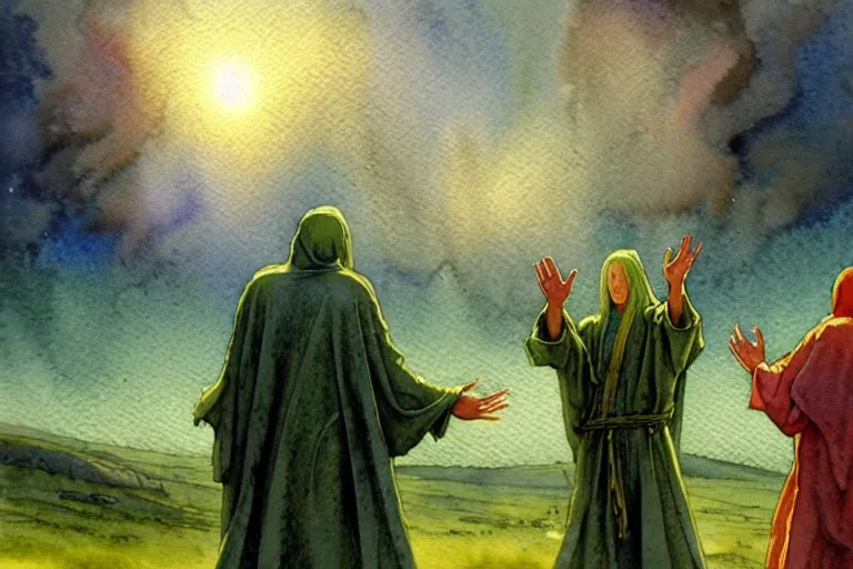 Prompt: a realistic and atmospheric watercolour fantasy character concept art portrait of a three christians wearing robes greeting an alien. they are emerging from the mist on the moors of ireland at night. a ufo is in the background. by rebecca guay, michael kaluta, charles vess and jean moebius giraud