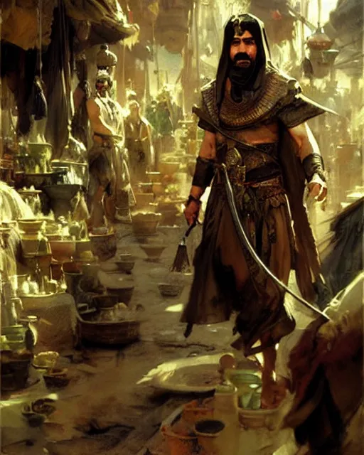 Image similar to fantasy concept art by anders zorn and craig mullins depicting colin farrell as an ancient egyptian rogue standing in a busy oriental market