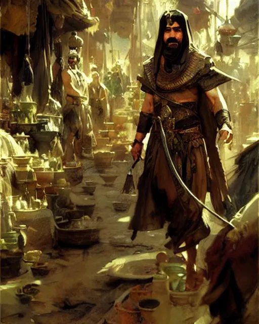 Prompt: fantasy concept art by anders zorn and craig mullins depicting colin farrell as an ancient egyptian rogue standing in a busy oriental market