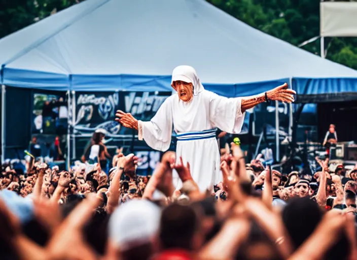 Image similar to photo still of mother teresa on stage at vans warped tour!!!!!!!! at age 4 8 years old 4 8 years of age!!!!!!! throwing roseries to the crowd, 8 k, 8 5 mm f 1. 8, studio lighting, rim light, right side key light