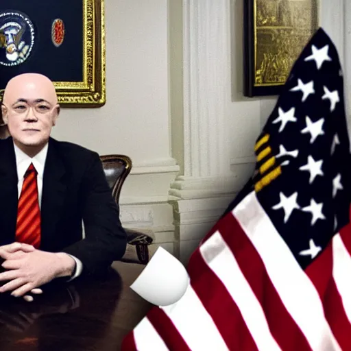 Image similar to president griffith from berserk by kentaro miura sitting at white house desk with american flag at his side