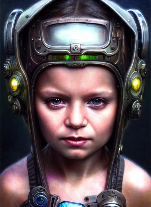 Image similar to closeup portrait shot of a cyberpunk child in a scenic dystopian environment, intricate, elegant, highly detailed, centered, digital painting, artstation, concept art, smooth, sharp focus, illustration, artgerm, tomasz alen kopera, peter mohrbacher, donato giancola, joseph christian leyendecker, wlop, boris vallejo