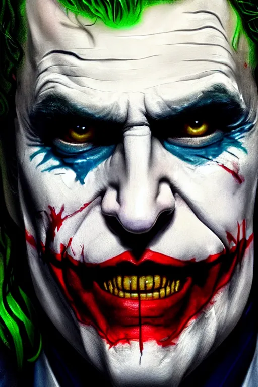 Image similar to ultra detailed close up facial portrait of the joker from heath ledger, extremely detailed digital painting, in the style of fenghua zhong and ruan jia and jeremy lipking and peter mohrbacher, mystical colors, rim light, beautiful lighting, 8 k, stunning scene, raytracing, octane, trending on artstation