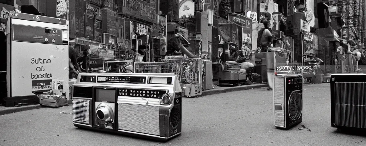 Image similar to a boombox on a nyc street blasting spaghetti out of its speakers, 1 9 8 0's, high detail, canon 5 0 mm, cinematic lighting, photography, retro, film, kodachrome