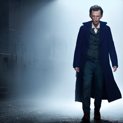 Image similar to tom holland as a rough dirty old man with a scruffy beard in a dark blue trenchcoat as the new doctor who, cinematic, volumetric lighting, f 8 aperture, cinematic eastman 5 3 8 4 film, photorealistic