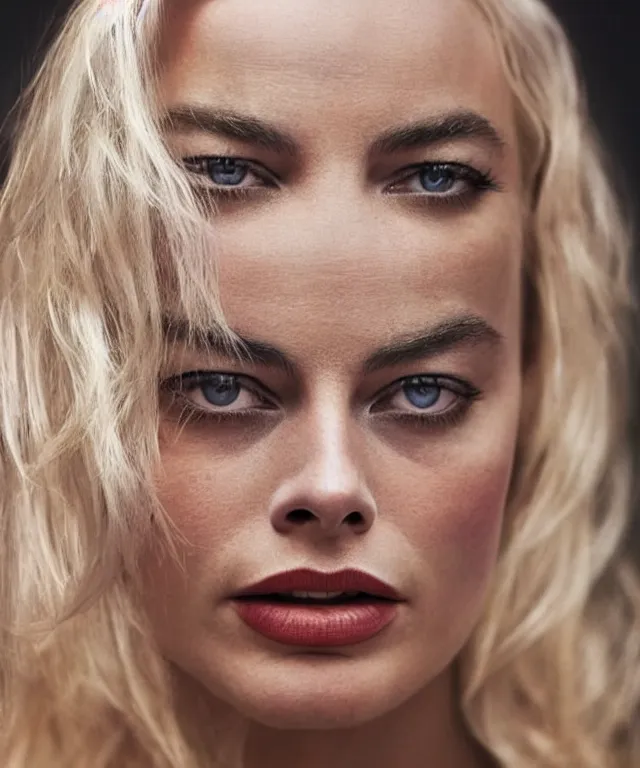 Prompt: a color photograph of margot robbie, by james nachtwey, platinum blond, intense, bold, exaggerated, ultra sharp, extra details, ultra high quality, trending on pinteresst