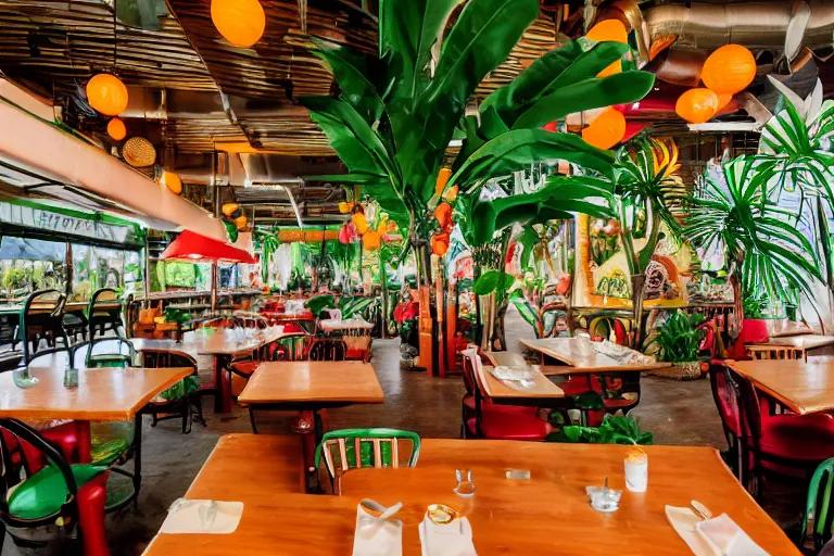 Prompt: 1 9 8 5 tropical jungle themed classic american diner, people sitting at tables, junglecore, one point perspective, americana, restaurant interior photography, 8 5 mm