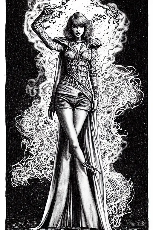 Prompt: taylor swift made of smoke, air elemental, as a d & d monster, full body, pen - and - ink illustration, etching, by russ nicholson, david a trampier, larry elmore, 1 9 8 1, hq scan, intricate details, inside stylized border