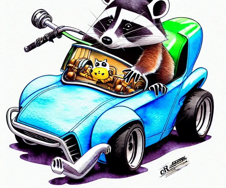 Image similar to cute and funny, racoon wearing a helmet riding in a tiny hot rod plymouth prowler with oversized engine, ratfink style by ed roth, centered award winning watercolor pen illustration, isometric illustration by chihiro iwasaki, edited by range murata, details by artgerm