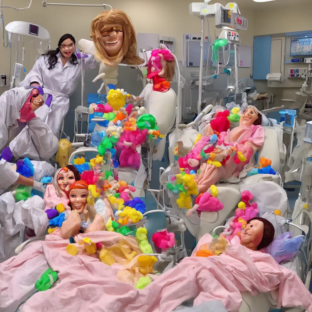 Image similar to photo of a happy patient and doctor or nurse in a hospital room made out of soft candy, candy hospital equipment, candy hospital room, candy treatments, oompa loompa virus, willy wonka pandemic